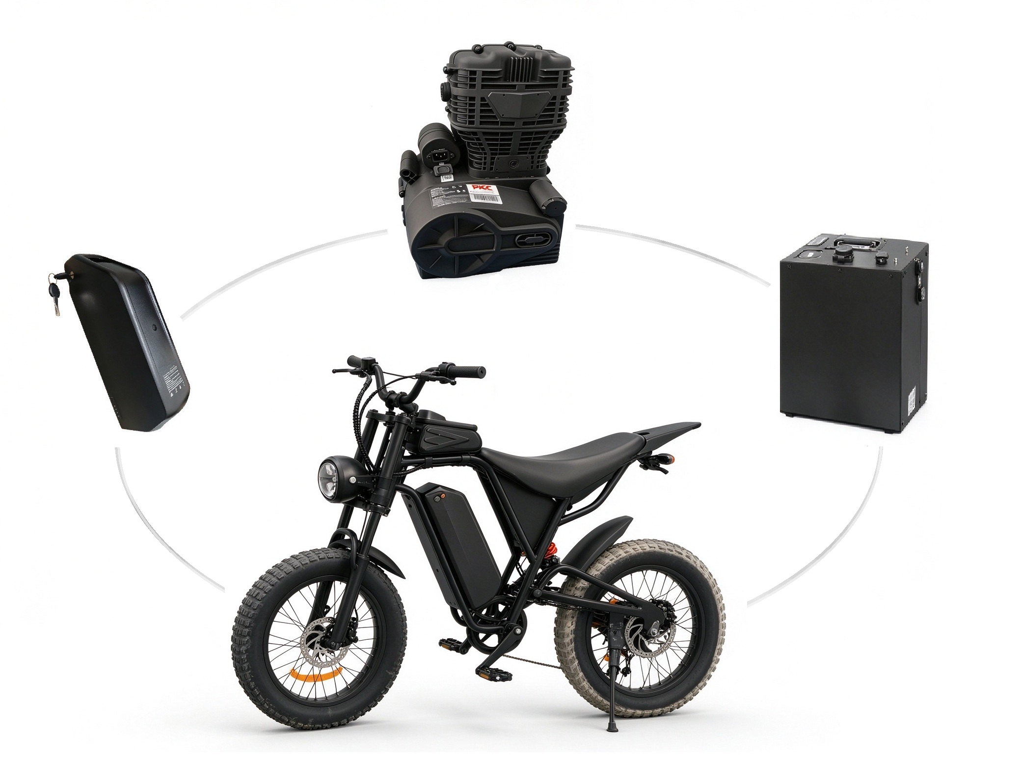 电动摩托车电池 Pack 生态组合：提手盒式 Pack、油改电翅片 Pack、长条 Pack 与整车